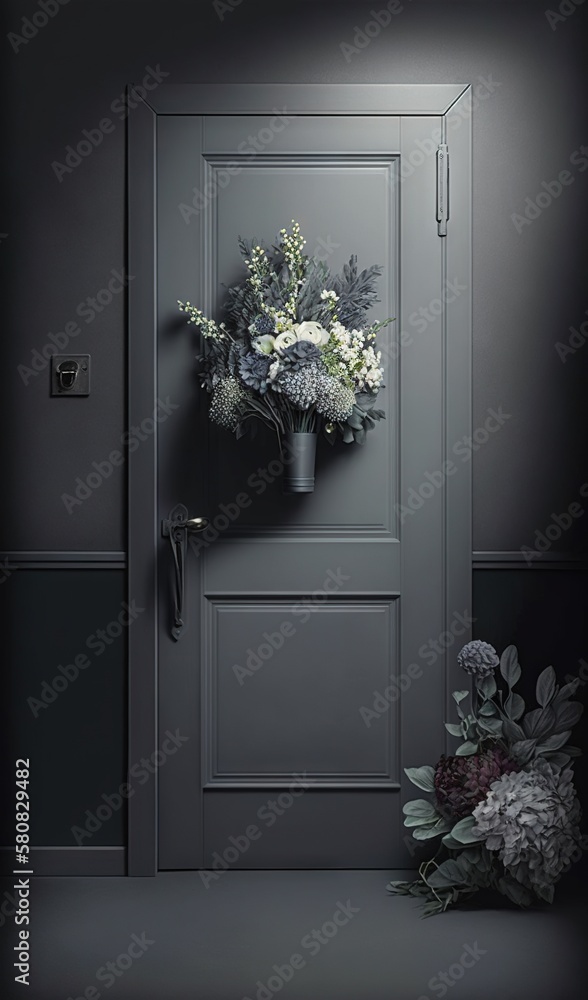  a bouquet of flowers is placed in a vase on the door handle of a dark room with a gray door and a b