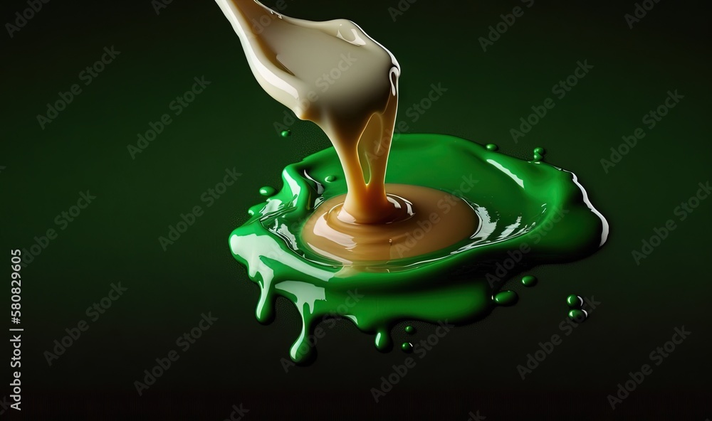  a green liquid pouring into a puddle of liquid on a green surface with a white and brown liquid pou