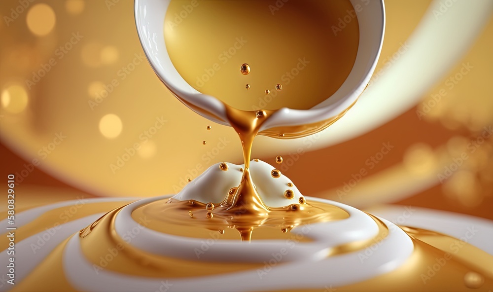  a liquid pouring out of a white cup into a liquid filled with gold and white swirls on a yellow bac