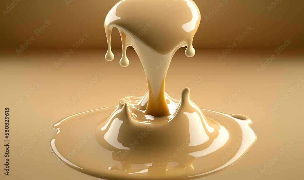  a liquid pouring into a puddle of liquid on top of a brown table top with a light brown wall in the