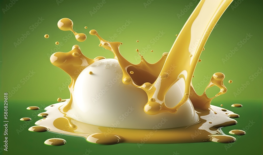  a splash of orange juice on top of a white ball of liquid on a green background with drops of orang