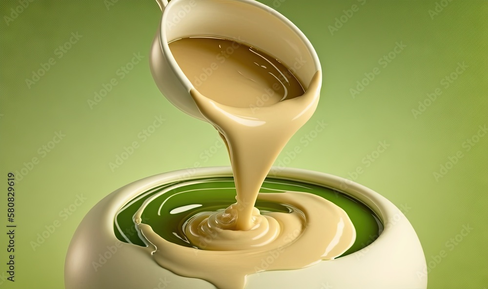  a spoon pouring liquid into a bowl of chocolate sauce on top of a green surface with a green backgr