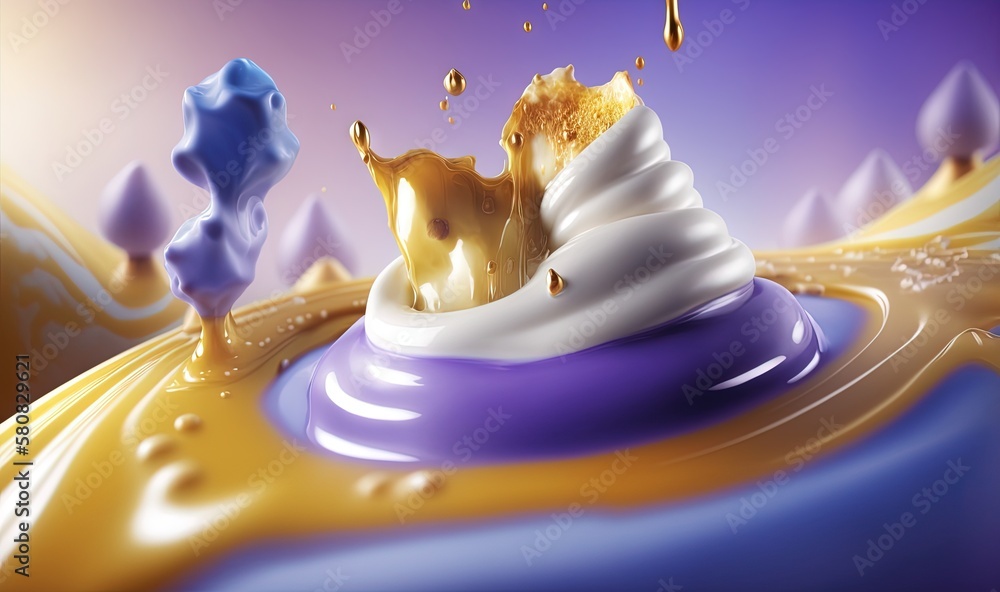  an ice cream dessert is melting in a blue and yellow liquid with gold sprinkles on top of the icing