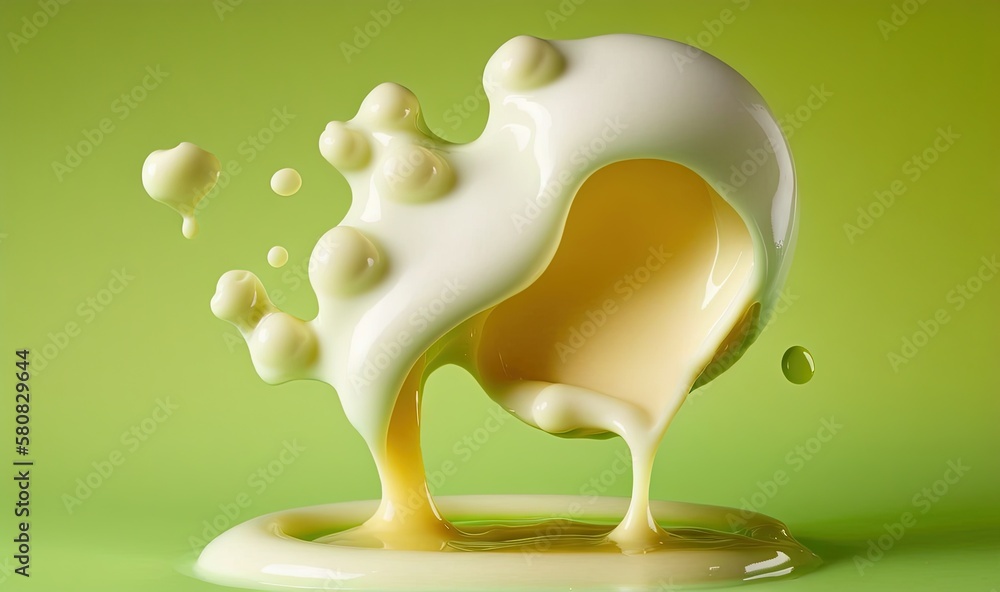  a green background with a splash of milk and a liquid pouring out of the top of the bottle into the