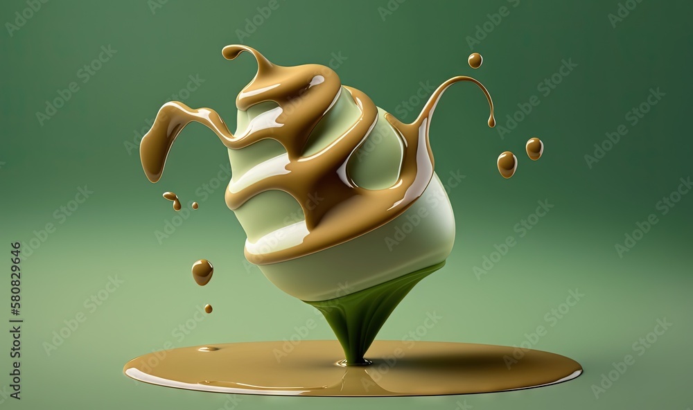  a green and white ice cream dessert with a splash of caramel on top of the icecream on a green surf