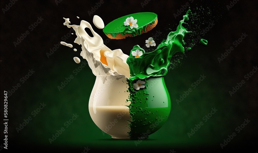  a green and white vase filled with liquid and a donut flying out of the top of its vase with milk 