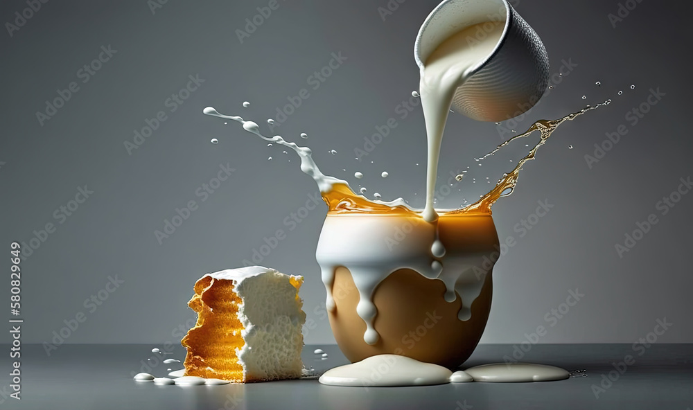  a piece of cake is being poured into a cup with milk and orange slices on the side of the cup and t