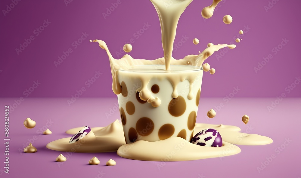  a milkshake with chocolate and milk being poured into the glass with the milk being poured into the