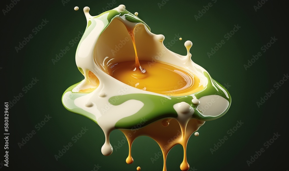  a green and white liquid pouring into a bowl of liquid on a black background with a green backgroun