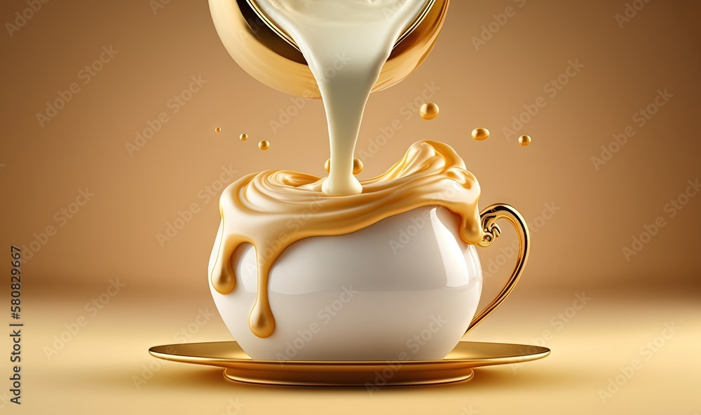  a cup of coffee with a spoon pouring milk on top of it and a saucer with a liquid pouring out of th