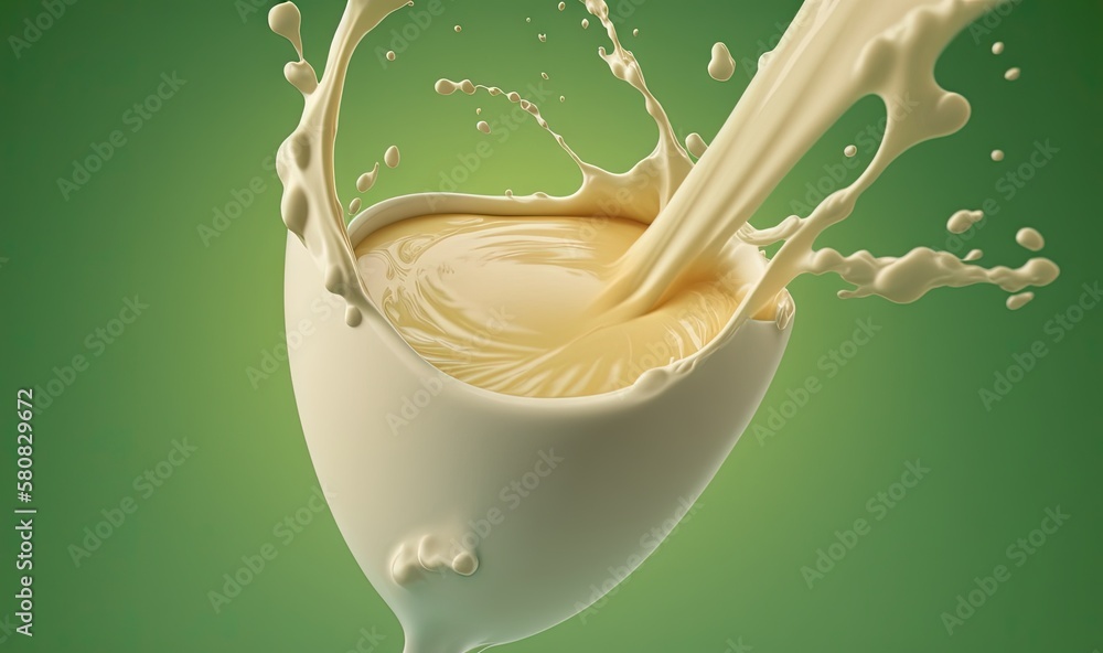  a glass of milk being poured into a glass of milk with a green background and a splash of milk on t