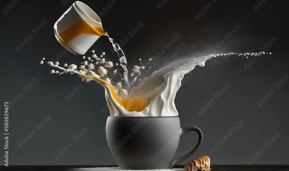  a cup filled with milk and a splash of orange juice in its mouth, on a table with a spoon and a ha