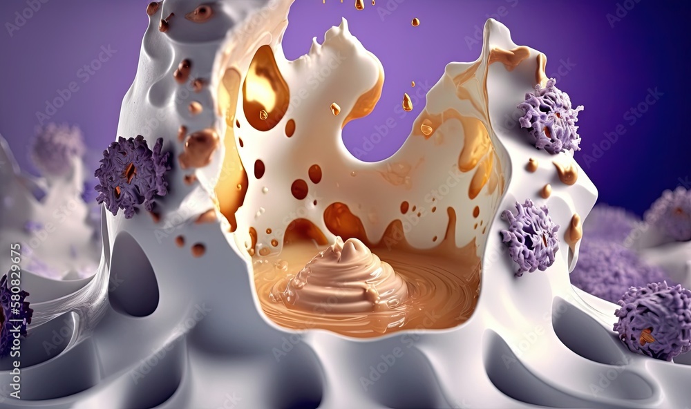  a chocolate cake with icing and sprinkles on a purple and white background with purple and white fl