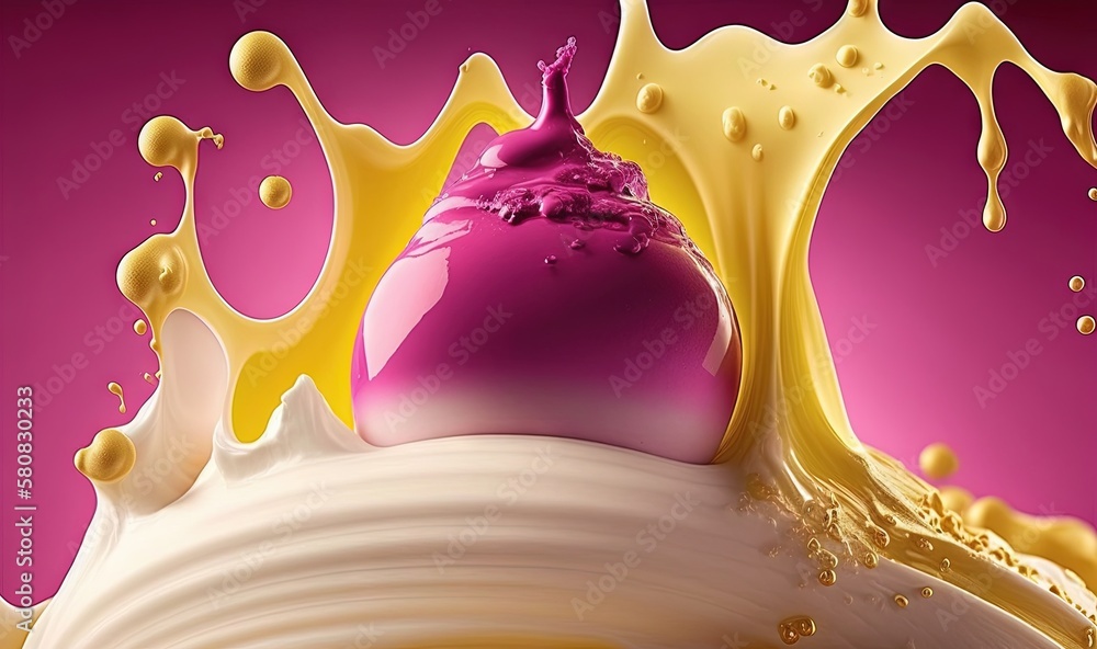  a pink and yellow liquid splashing on top of a white cup with a pink and yellow liquid splashing on