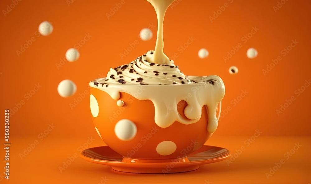  a cup of ice cream with a saucer on top of it and a spoon sticking out of the top of the cup with a