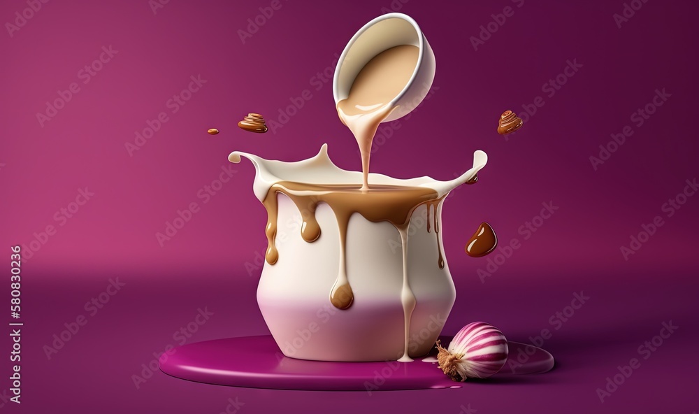  a spoon pouring milk into a cup with a shell on the side and a shell on the other side of the cup a