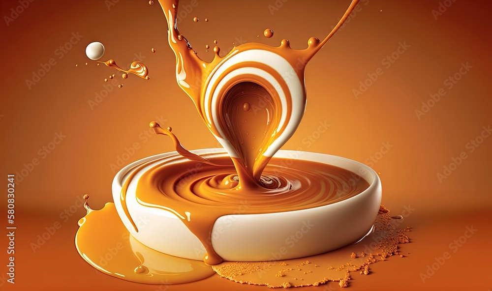  a liquid splashing out of a bowl of liquid on an orange background with a white ball in the middle 