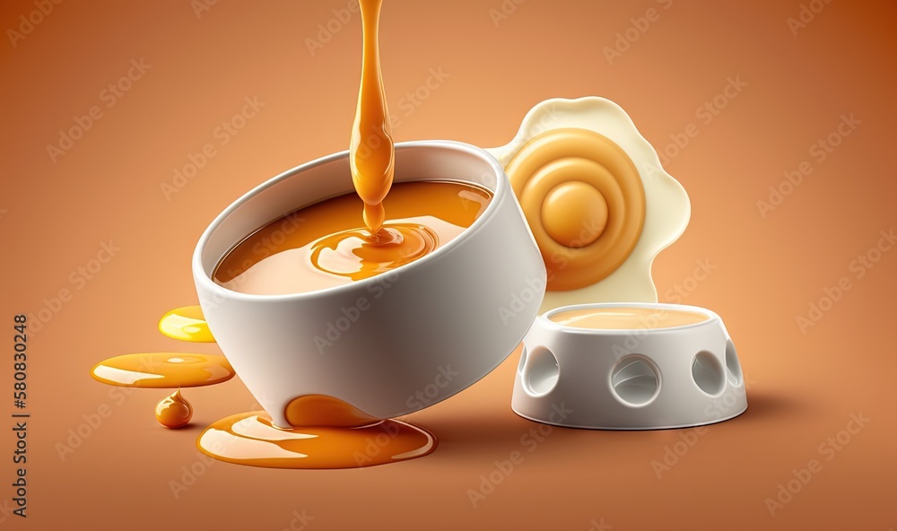  a bowl of caramel sauce and a bowl of peanut butter on a brown background with a cracker and a bowl