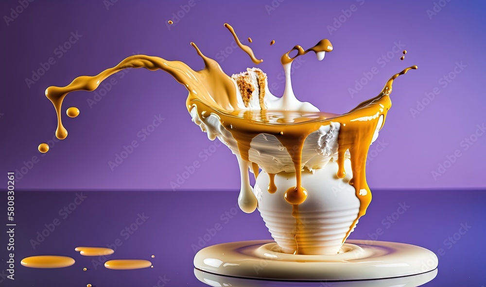  a liquid splashing out of a white vase on top of a purple tablecloth with a purple background and a