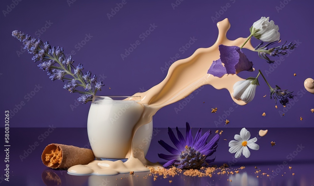  a glass of milk and a vase with flowers on a purple background with a splash of milk on the glass a