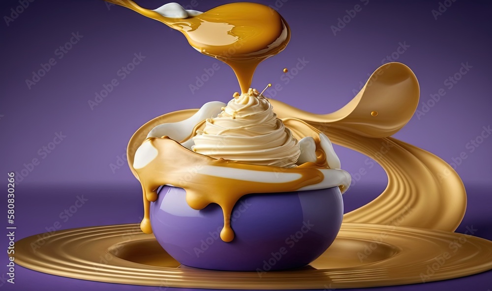  an ice cream sundae with caramel sauce and a spoon pouring out of it on a purple surface with a gol