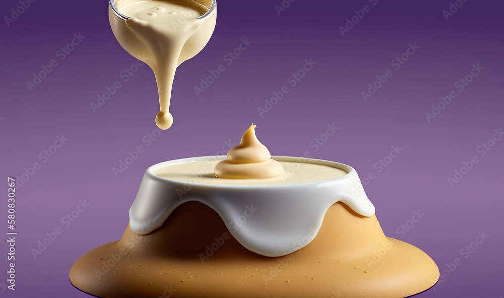  a spoon pouring a liquid into a bowl of food on a purple background with a purple backdrop and a pu