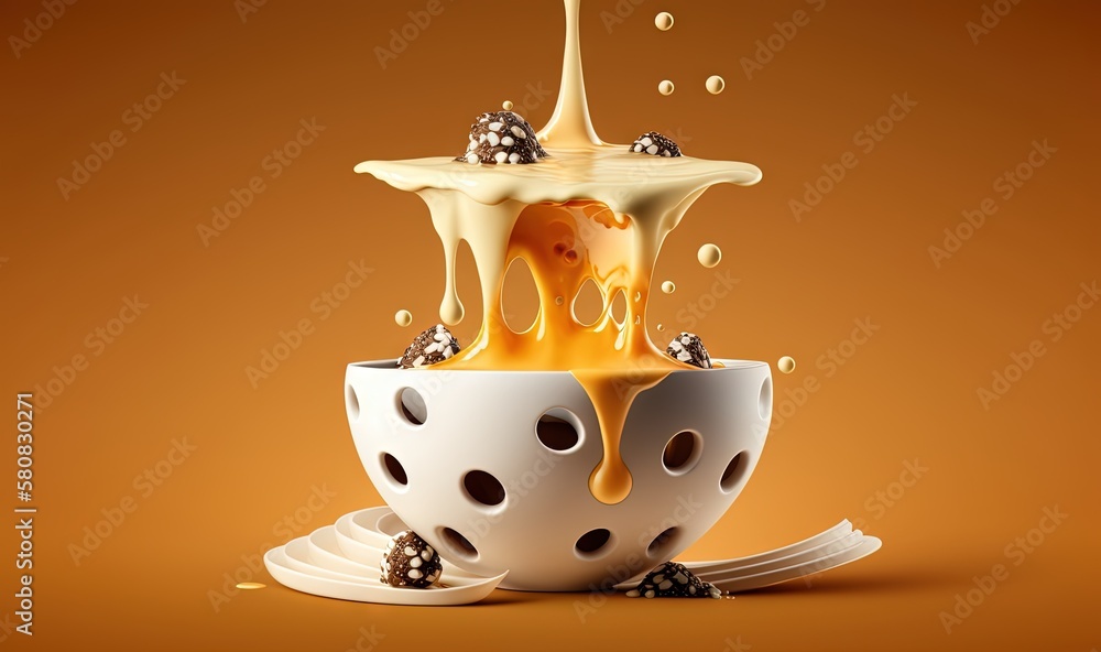  a cup of liquid with a saucer and spoon on a brown background with a drop of liquid coming out of t