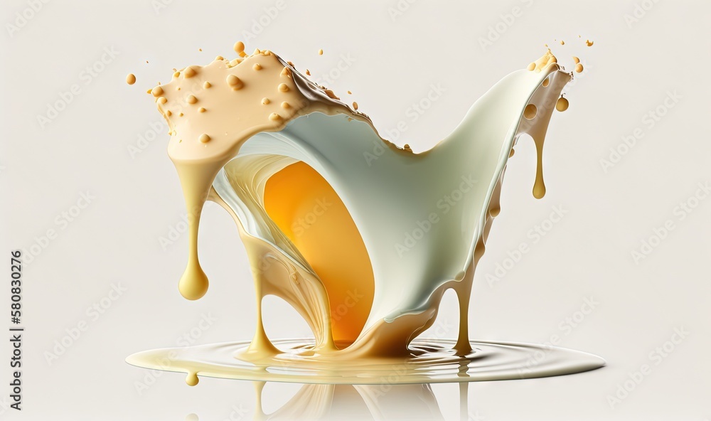  a splash of milk and orange juice on a white surface with a light reflection on the surface of the 