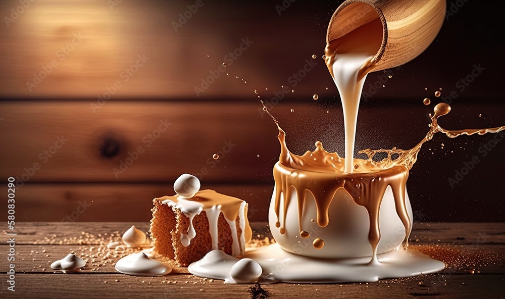  a wooden table topped with a cake covered in chocolate and caramel sauce and pouring it into a cup 