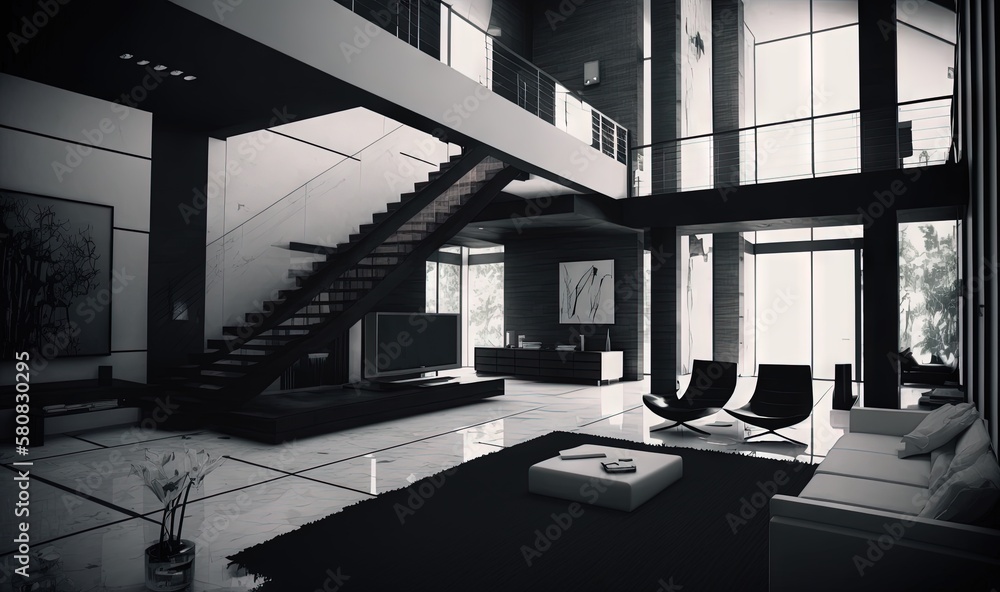  a black and white photo of a living room with a stair case and a television on a table in front of 