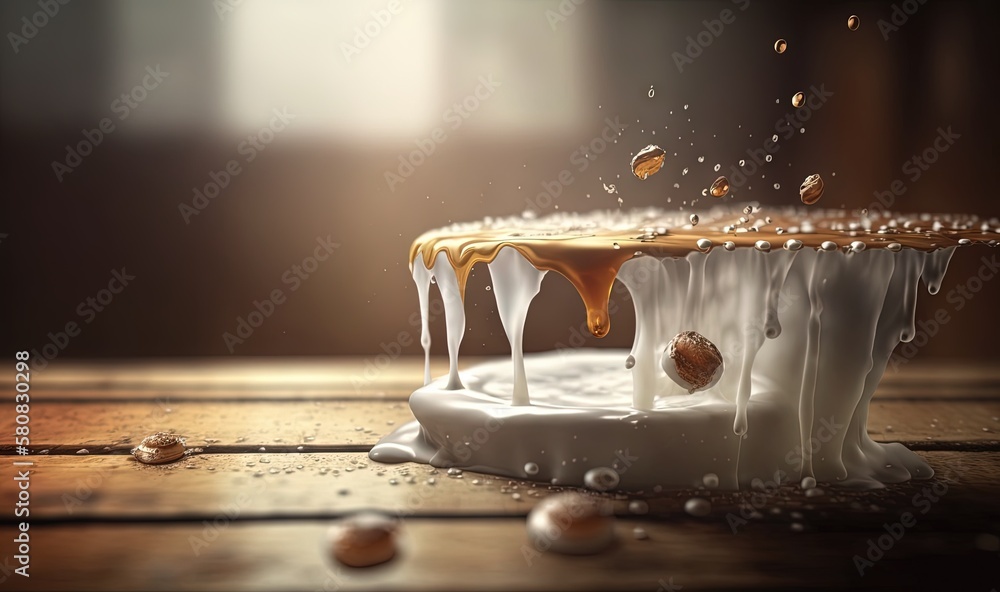  a piece of cake with icing on top of it on a wooden table with drops of water on the top of the cak