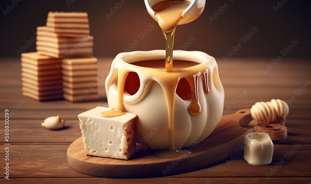  a piece of cheese being drizzled with caramel sauce on a wooden board next to a stack of cookies an