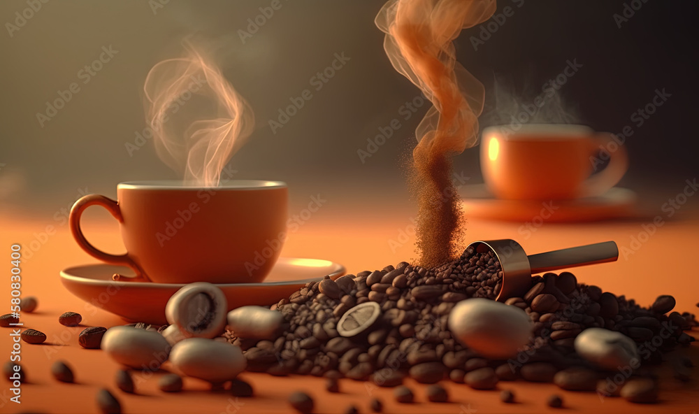  a cup of coffee and a cigarette on a table with coffee beans and smoke coming out of the top of the