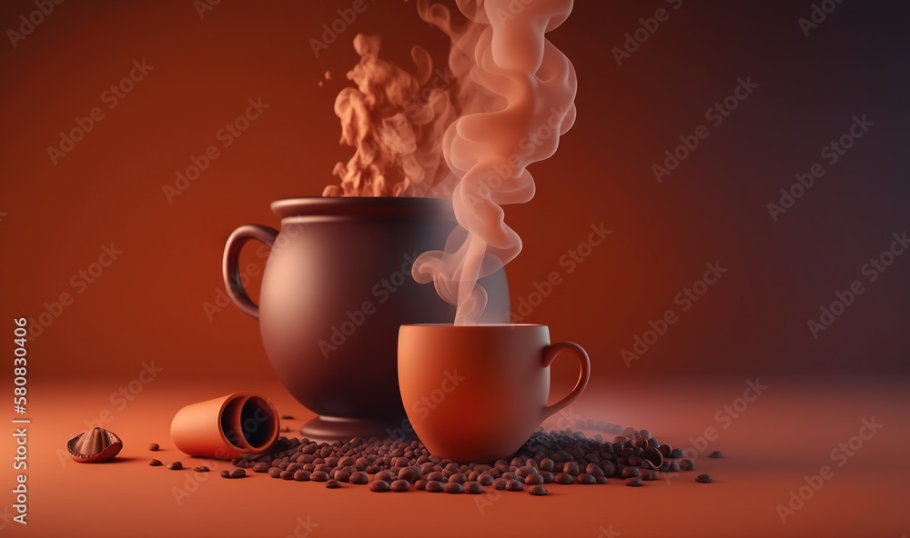  a steaming cup of coffee next to a cup of coffee on a pile of coffee beans with smoke coming out of