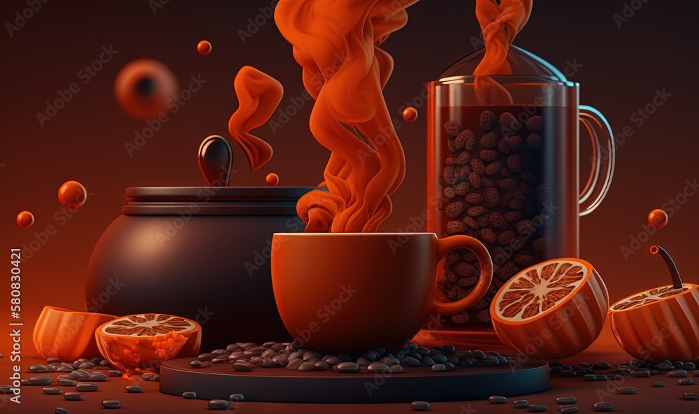  a coffee pot, a cup, and some oranges are on a table with coffee beans and oranges around it and a 