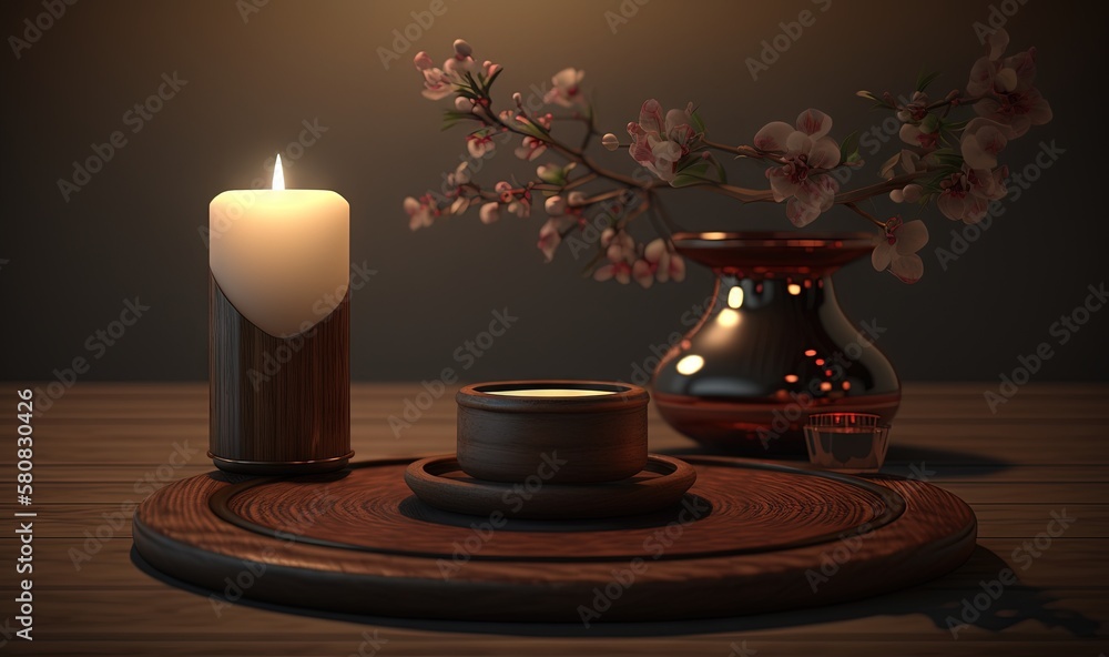  a candle and a vase on a table with a flower in the vase and a candle holder on the table with a ca