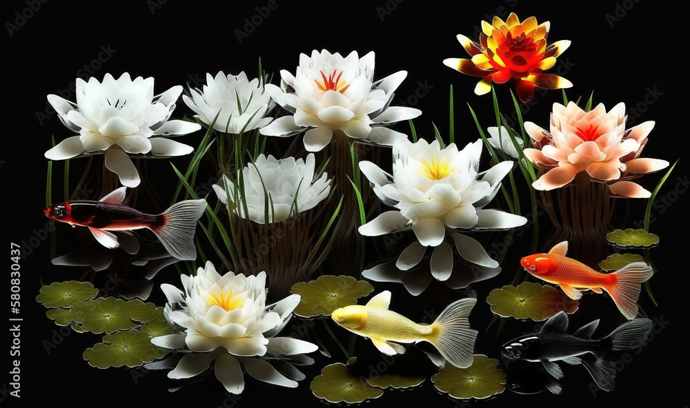  a group of flowers and fish in a pond with lily pads and water lilies on the bottom of the pond, wi