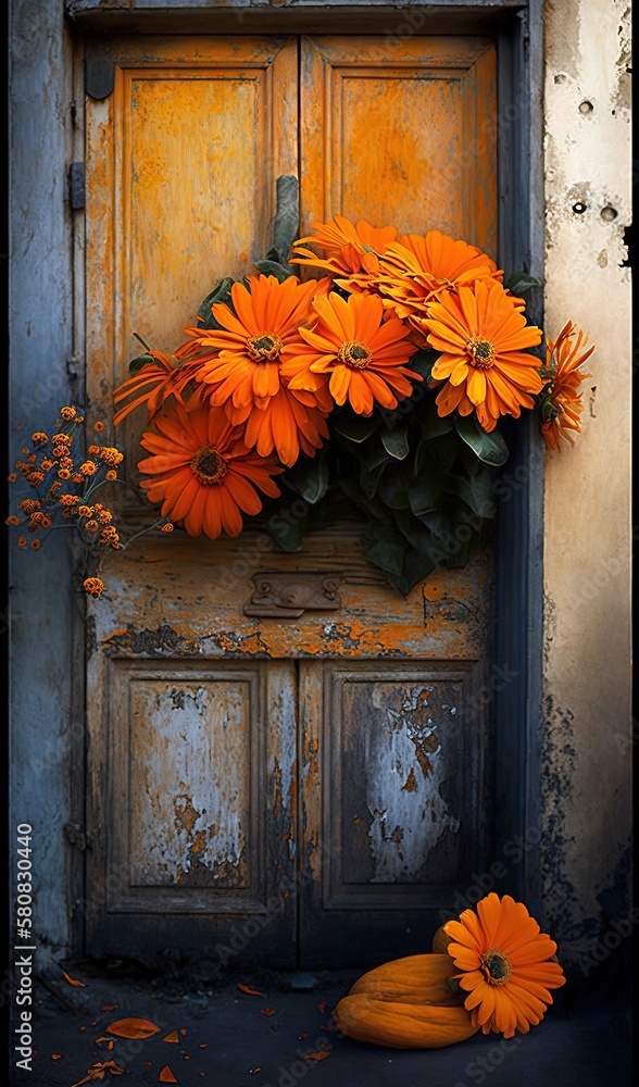  a bunch of orange flowers sitting on top of a wooden door with a pumpkin on the ground next to it a