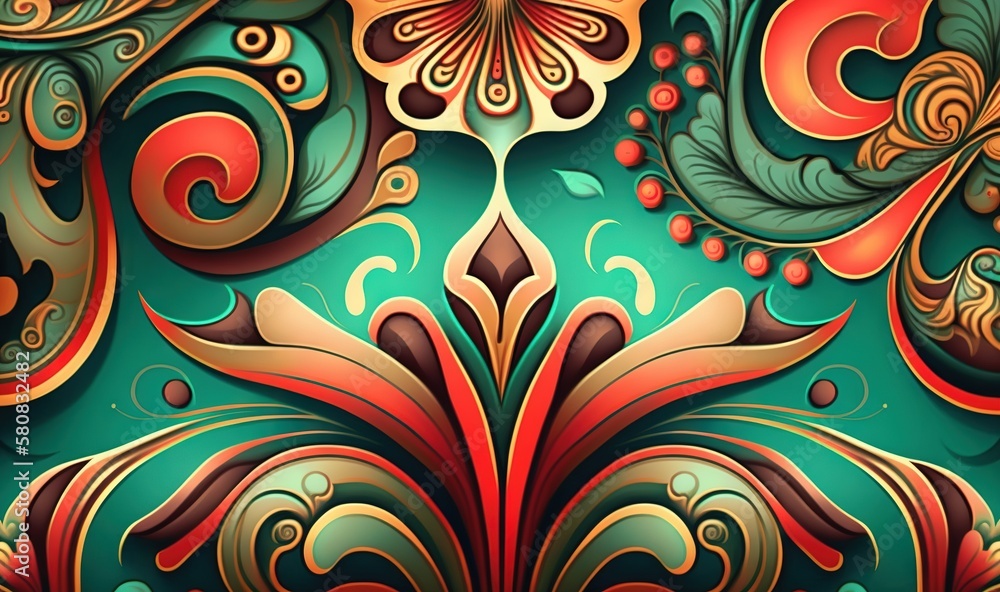  a painting of a green and red flower with swirls and leaves on the bottom of it, and a red and oran