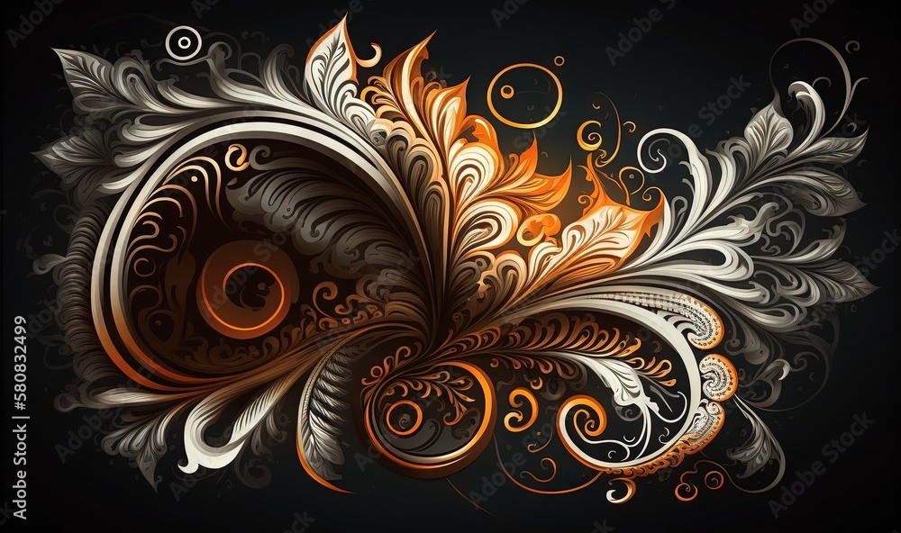  an abstract design with swirls and leaves on a black background, suitable for a background or wallp