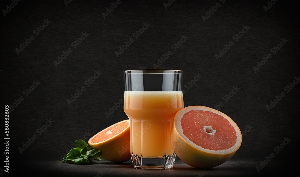  a glass of orange juice next to a grapefruit and a grapefruit cut in half on a black background wit