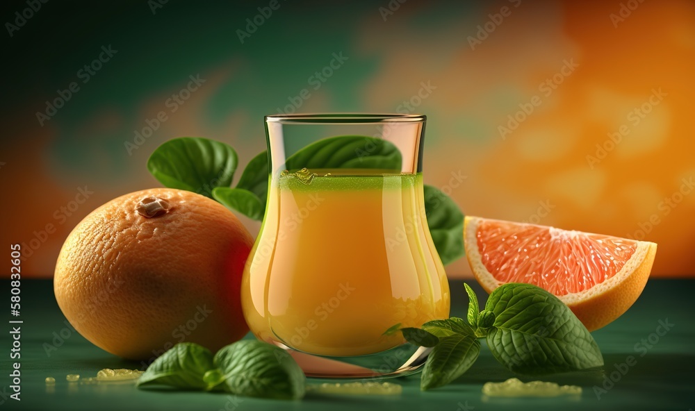  a glass of orange juice next to two oranges and mint leaves on a green tablecloth with a green back