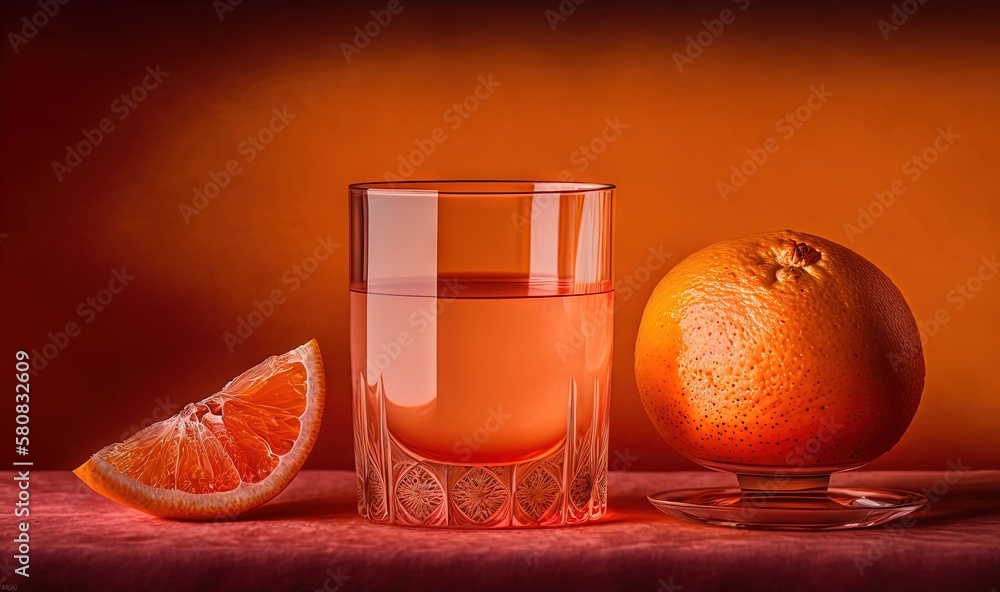  a glass of water next to an orange and a half of a grapefruit on a red table cloth with a red backg