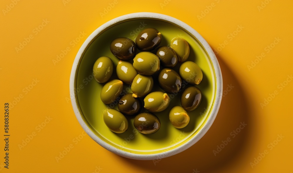  a bowl filled with green olives on a yellow surface with a shadow on the side of the bowl and the t