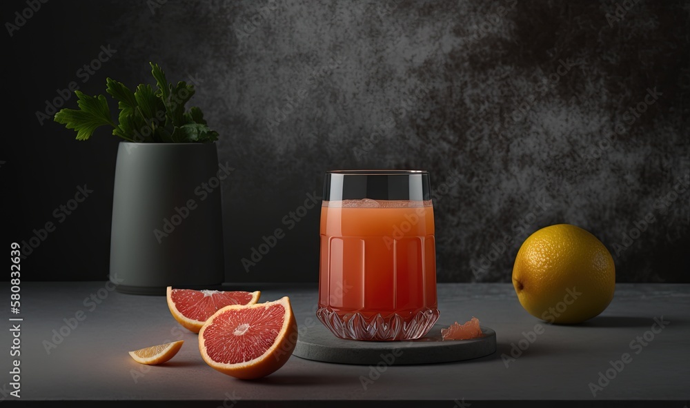  a glass of orange juice next to a sliced grapefruit and a lemon on a plate with a plant in a vase b