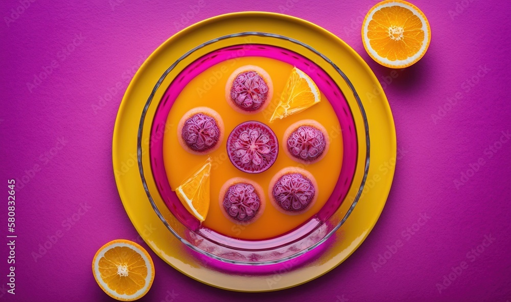  a plate with oranges and slices of oranges on a purple surface with a purple background and a yello