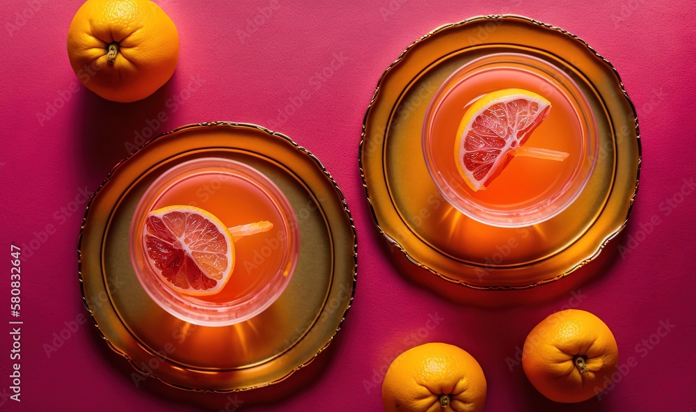  two oranges and a glass of orange juice on a pink surface with a gold plate and two oranges on a pi