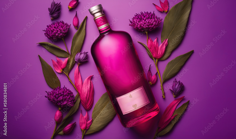  a bottle of pink wine surrounded by flowers on a purple background with leaves and flowers around i