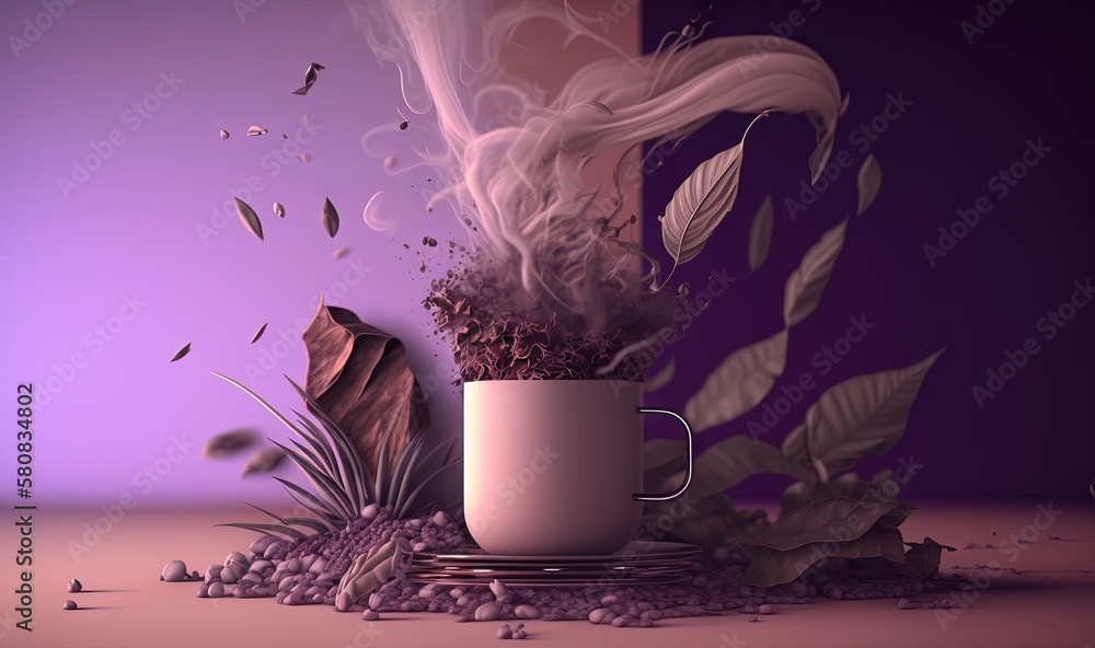  a cup of coffee with smoke coming out of it and a plant in the middle of the cup on a purple backgr