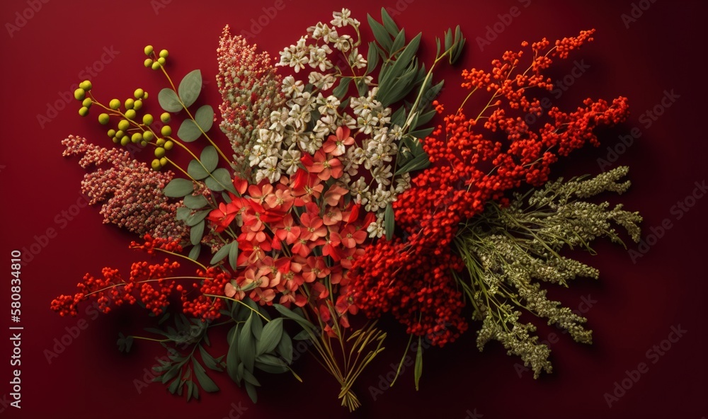  a bunch of flowers that are on a red tablecloth with a red background and a red background with a r